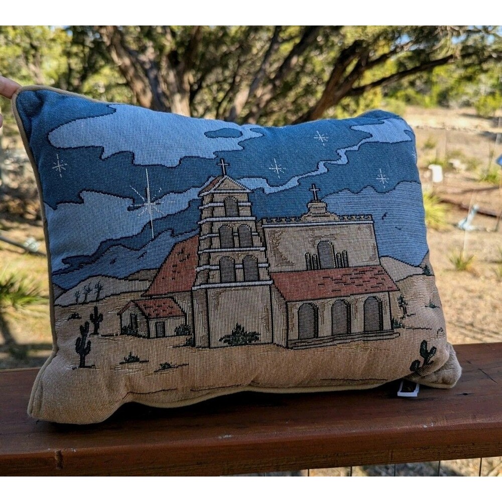 Vintage NWT Needlepoint Spanish Colonial Desert Cactus Church Southwest Pillow